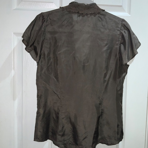 Lucky brand button front lace trim silk blouse Sz M square collar flutter sleeve - Picture 12 of 14